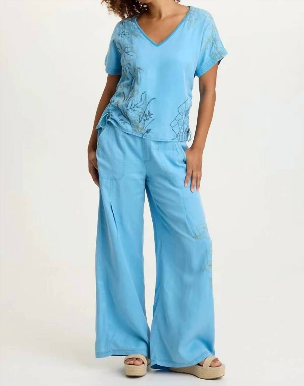 NEW XCVI embroidered dacia twill pleated wide pants in aztec sky